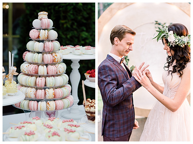 Sweet dessert table or candy bar. Wedding party. Natural light. Macaron and meringue pyramid. Cupcakes and marshmallow.