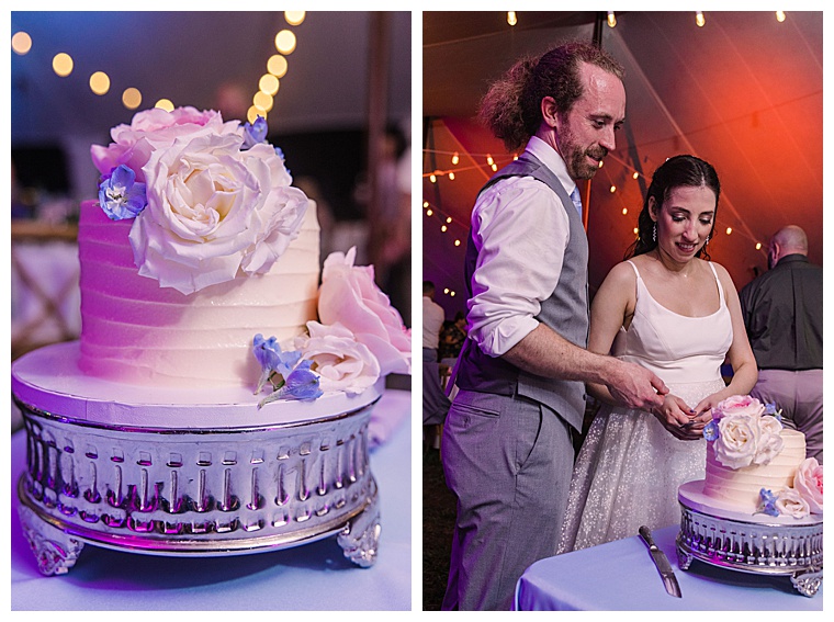 A small wedding cake for this couple is decorated with purple and white florals by Sherwood Florist at Black Walnut Point Inn | Laura's Focus Photography