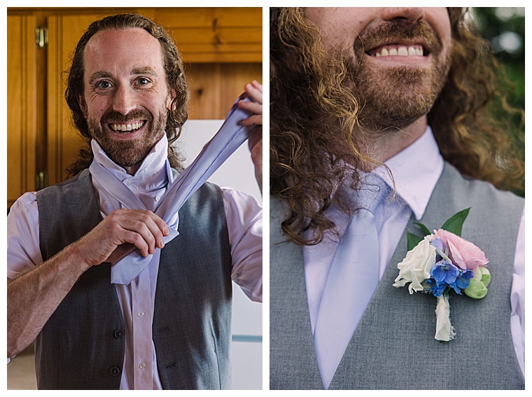 The groom ties his tie as he gets ready to go meet his bride for their big day
