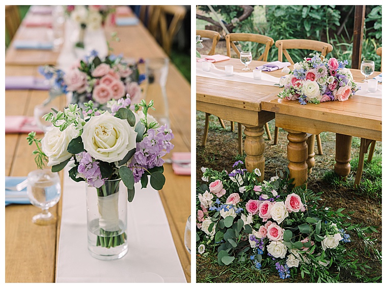Pastel blues and pinks decorate the reception space with florals by Sherwood Florist