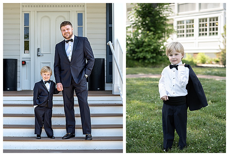 The groom gets ready for his big day on the eastern shore with his little man sporting a chic black suit | My Eastern Shore Wedding