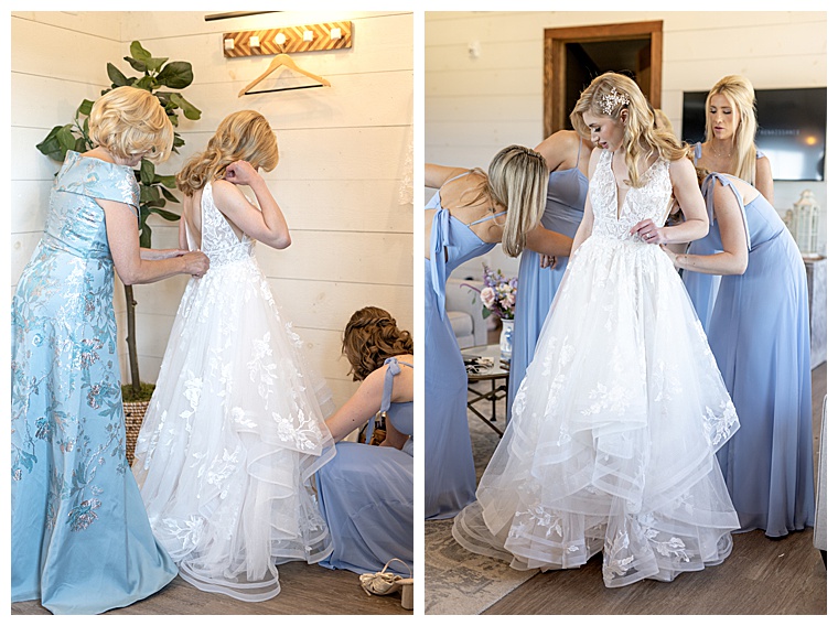 Mother of the bride and bridesmaids help the bride into her a-line lace gown with a tiered skirt as she gets ready for her eastern shore wedding