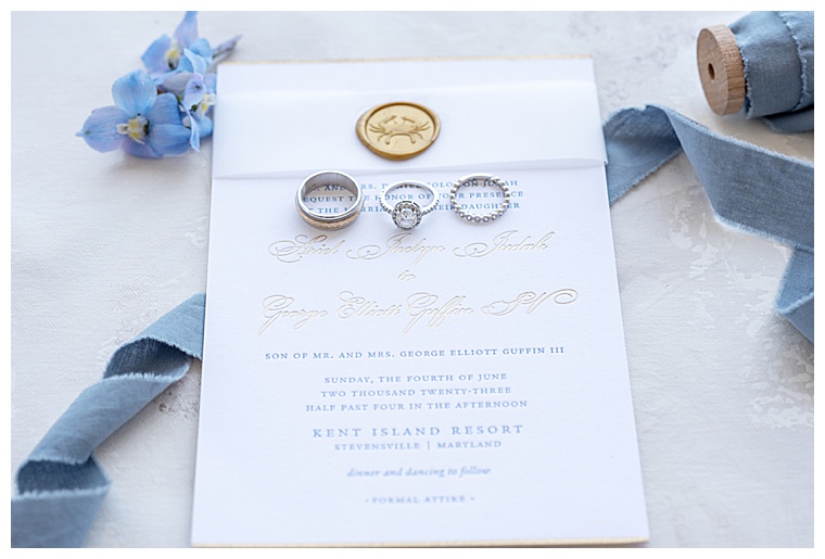 A classic white invitation suite is on display with wedding day details and hints of the eastern shore in the blue and white color pops