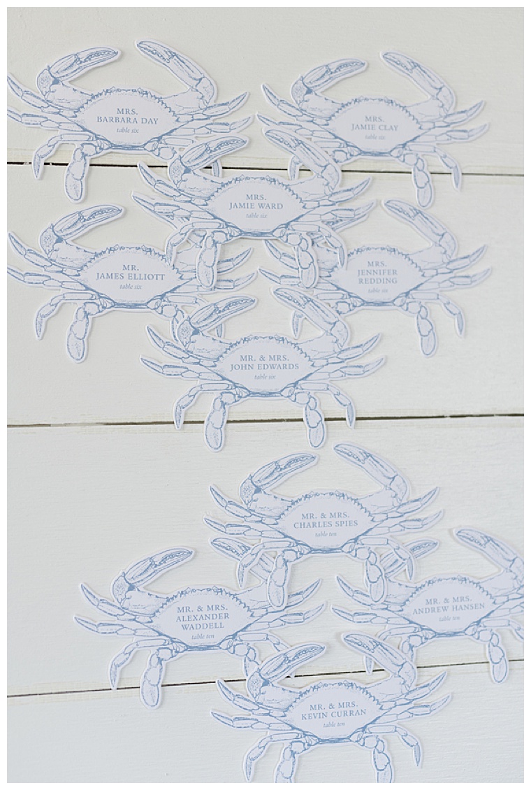 Escort cards in the style of MD blue crabs show the guests to their seats for this nautical eastern shore wedding reception