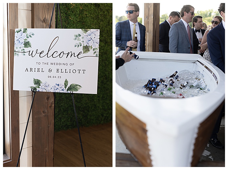 Welcoming the guests to this eastern shore wedding reception is a custom welcome sign and a boat bar