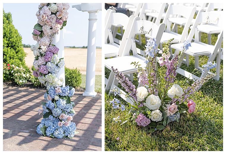 Pastel hydrangeas detail the ceremony site and altar for this outdoor eastern shore wedding
