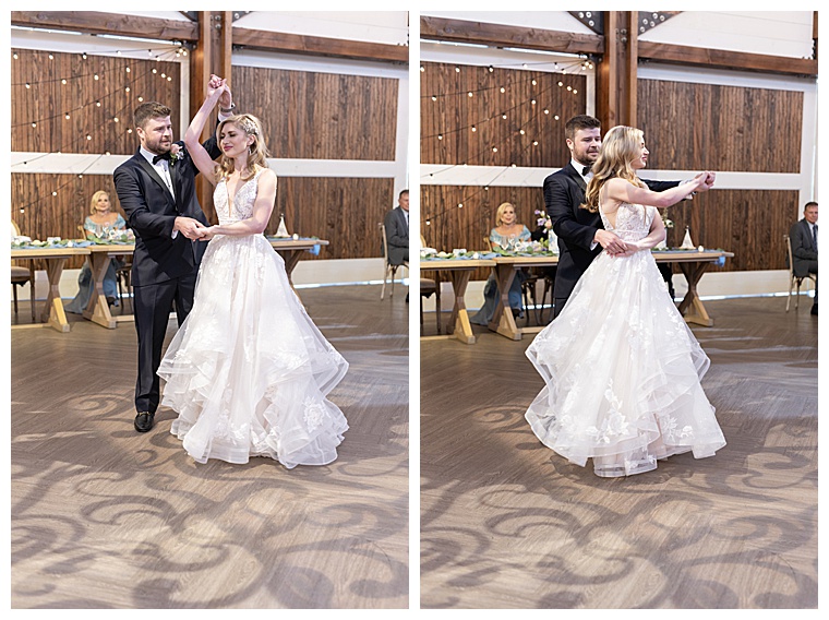 The newlyweds share their first dance as husband and wife at their classic chic eastern shore wedding reception venue
