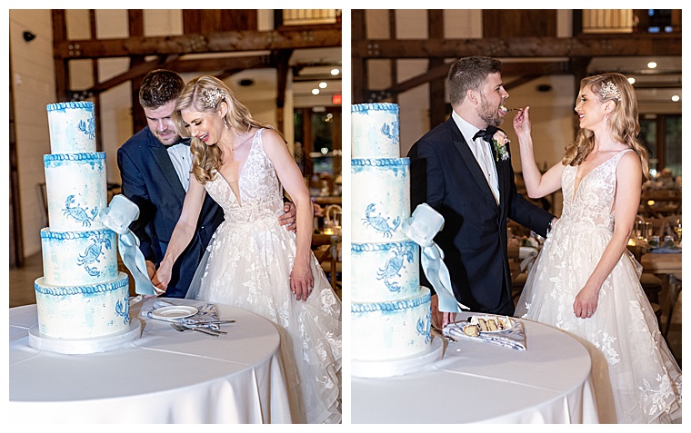 The bride and groom cut the ceremonial first slice of their stunning 4 tiered wedding cake decorated with designs of the MD Blue Crab