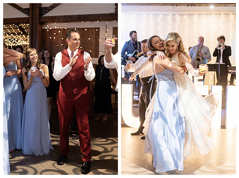 The bridal party puts on a show for the guests as they enter the reception and hit the dance floor.