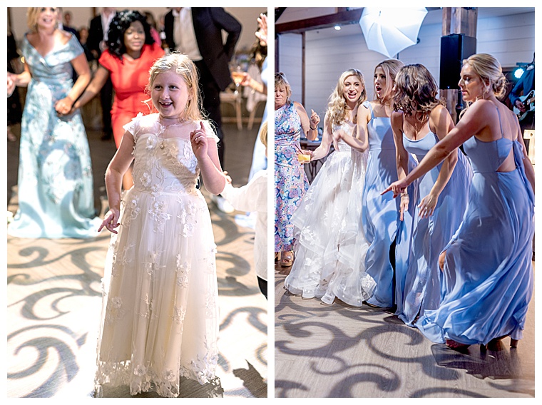 Left: Flower girl takes the dance floor in her adorable white gown
Right: Bride and bridal possy hit the dance floor for a girls' moment