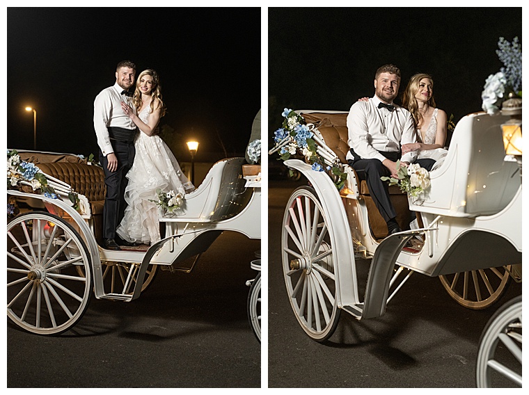The newlyweds have a romantic sendoff in a horse-drawn carriage as they depart from their reception at the end of a wonderful wedding day