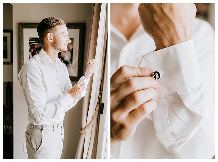 The groom gets ready for the ceremony with stunning platinum cufflinks