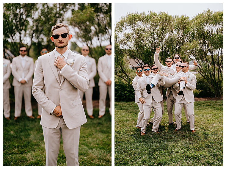 The groom is lifted in the air in celebration of his approaching marriage by a group of groomsmen dressed in sandy suits to fit the beachy wedding