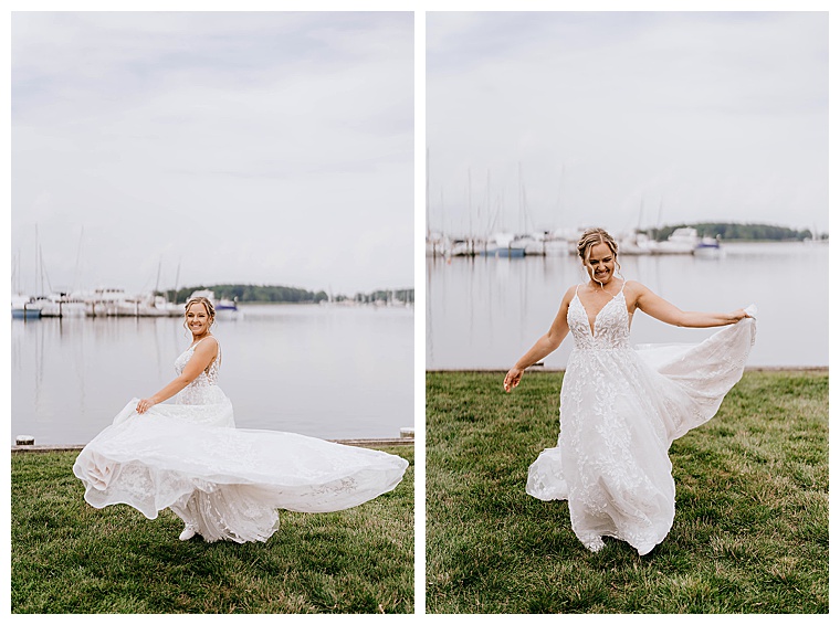 This soon to be wife dances in joy showing off her gorgeous gown as she spins in the breeze