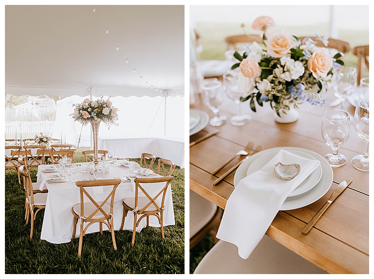 The reception space done by Eastern Shore Tents and Events has rustic farm house tables and chairs for the delicious dinner