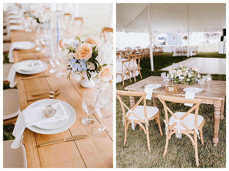 A reception space by Eastern Shore Tents and Events on the lawn at Haven Harbour