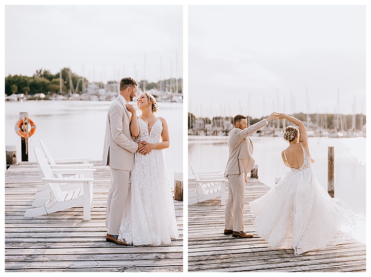 The bride and groom share a private dance before the reception begins on the stunning and glassy waterfront at the Inn at Haven Harbour