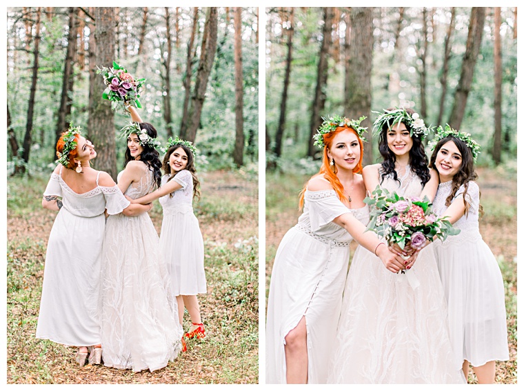 As whimsical as a fairy princess, this bride is surrounded by her bridesmaids in dresses varying in different styles of white lace.