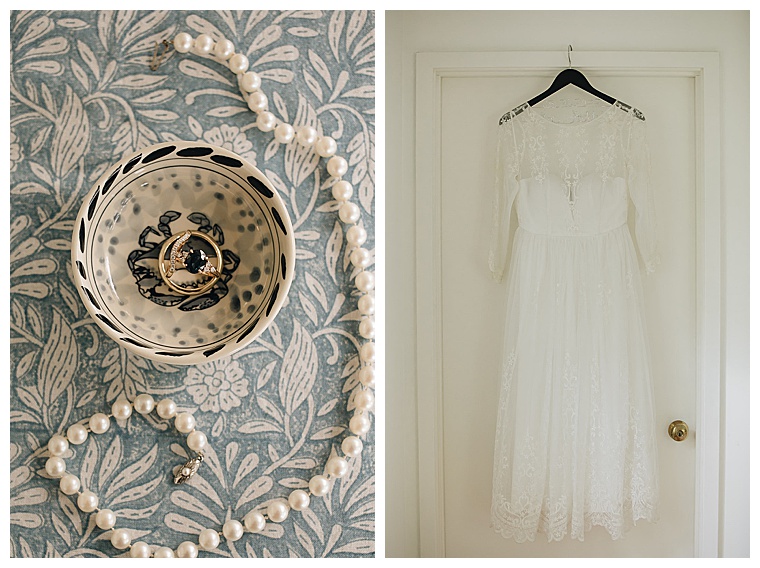 Detail images of the bride's wedding attire including a gorgeous lace dress and the wedding bands