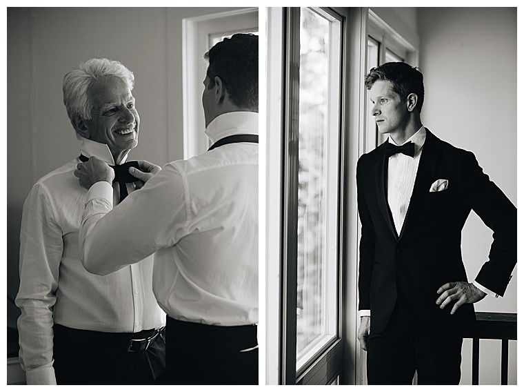 The groom sports a lux black tuxedo as he gets ready for the eastern shore wedding ceremony