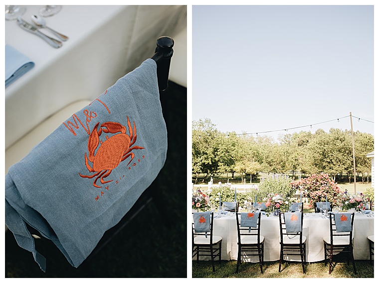 Guests' chairs are draped with custom wedding aprons for the crab feast