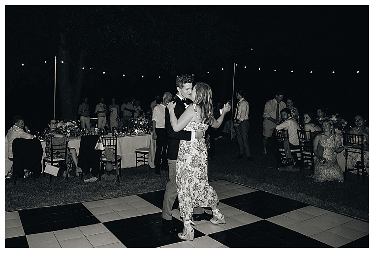 Newlyweds danced till the end of their reception under the stars on a dance floor surrounded by fairy lights to enhance the magic.