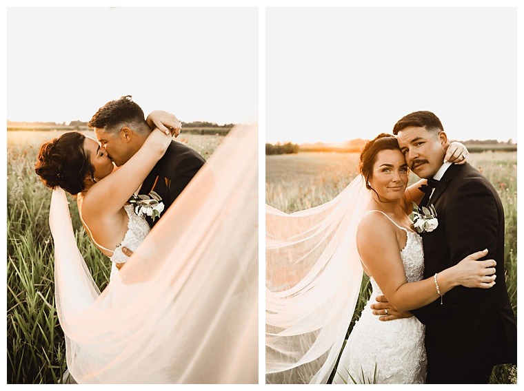 Happy newlyweds bask in the golden hour glow celebrating their new marriage with a series of stunning bridal portraits