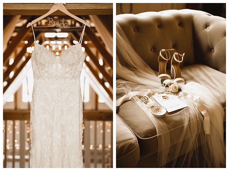 Portraits of the bride's gown and accessories for her wedding day show off the stunning neutrals details with hints of white roses and pops of greenery