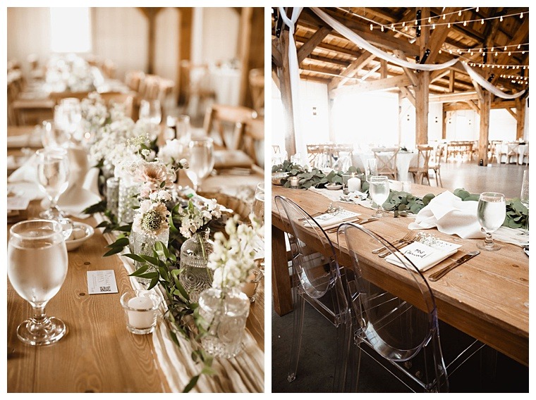 Rustic farm tables with white details and green garlands