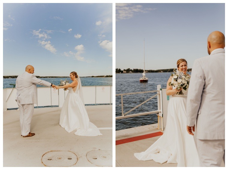 The bride and groom get a romantic first look moment on the Oxford Bellevue Ferry on a stunningly sunny day with blue skies for a romantic Tred Avon River wedding day