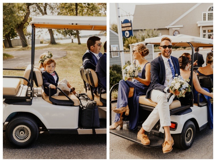 The bridal party and guests make their way to the ceremony by golf cart