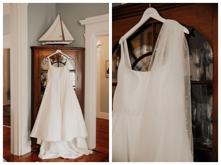 Detail images of the bride's classic satin down and lace detailed veil