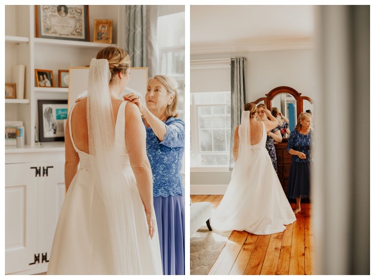 The bride gets ready and into her wedding gown with the help of her family and bridesmaids