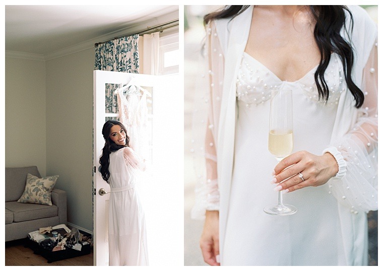 Dressed in an elegant bridal nightgown detailed with lace and pearls, the bride gets ready for her wedding day