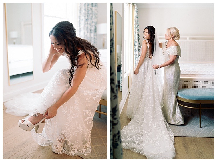 Mother of the bride helps her daughter into a stunning lace wedding gown and gorgeous veil