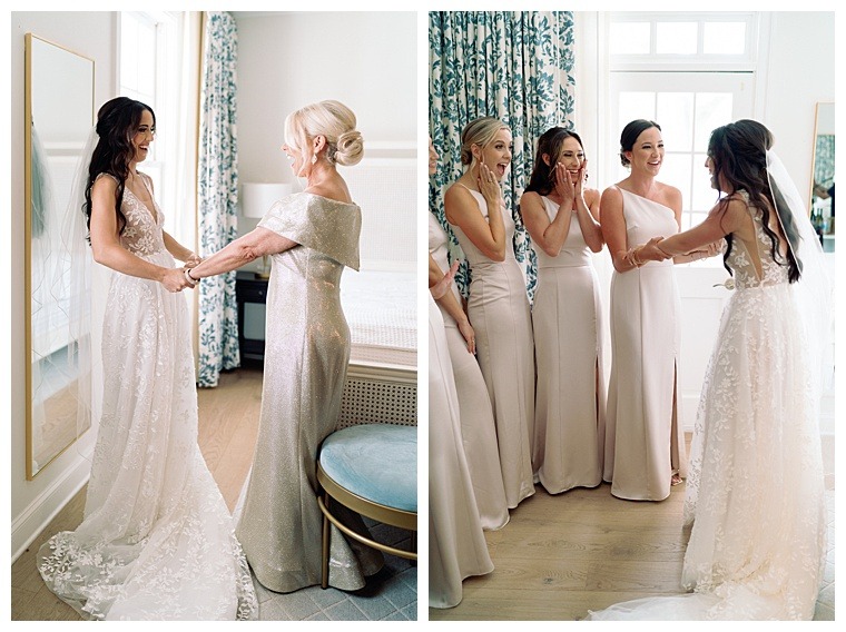 The bride has a first look moment with her bridesmaids to show off her beautiful lace wedding gown