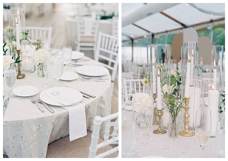 White wedding reception details on the tables with embossed linens and candles 