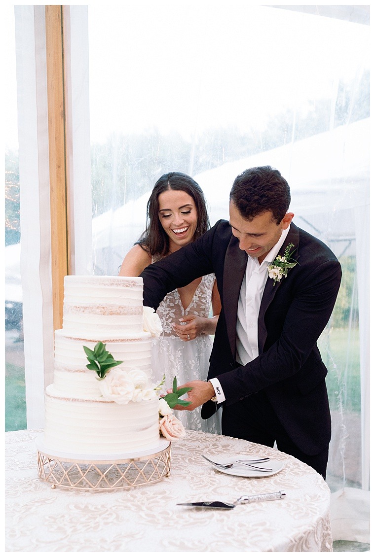 The newlyweds cut the ceremonial first slice of their beautiful 3 tiered wedding cake
