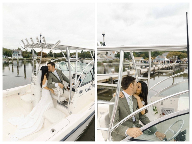 Bride and groom enjoy the sunset from their boat in the Haven Harbour Marina