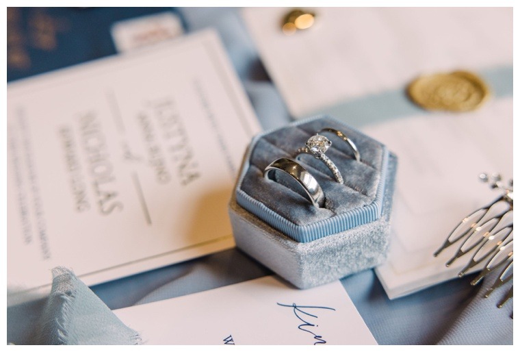 Laura's Focus Wedding Photography | Invitation Suite with Blue details and velvet ring box