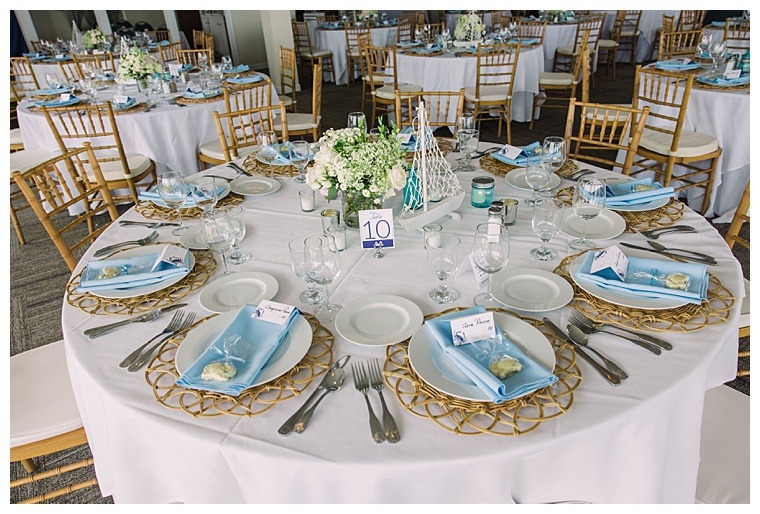 Tablescape at Tred Avon Yacht Club with Florals by Seaberry Farm and cool blue details to match the nautical backdrop of the Tred Avon River