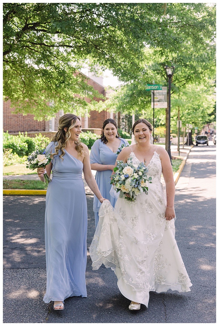 Bridesmaids escorting bride to the tidewater house for wedding ceremony