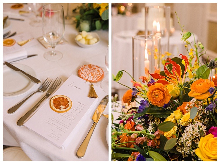 Orange details throughout the tidewater inn bring the indian tradition into this modern ceremony