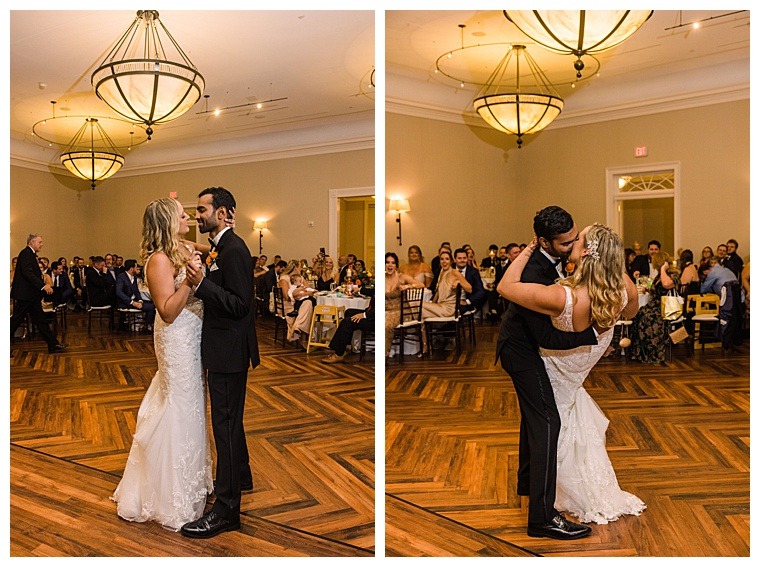 The bride and groom share their first dance as newlyweds in the ballroom at the Tidewater Inn