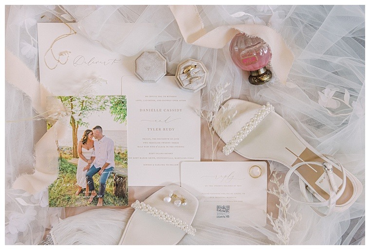 White wedding invitation suite and bridal details | Bridal Portraits by Laura's Focus Photography | My Eastern Shore Wedding | Barn Wedding | Farm Wedding | Countryside Wedding