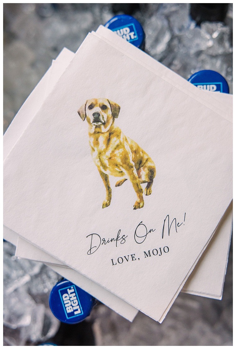 Custom cocktail napkins featuring the bride and grooms fur baby, a yellow lab named Mojo | Pet details in wedding | Flower Dogs | Dogs in Wedding