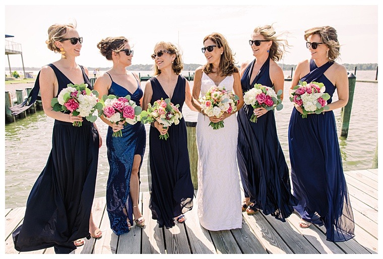 Barbie and her bridesmaids sport stylish wedding day sunglasses on the dock at Tred Avon Yacht Club